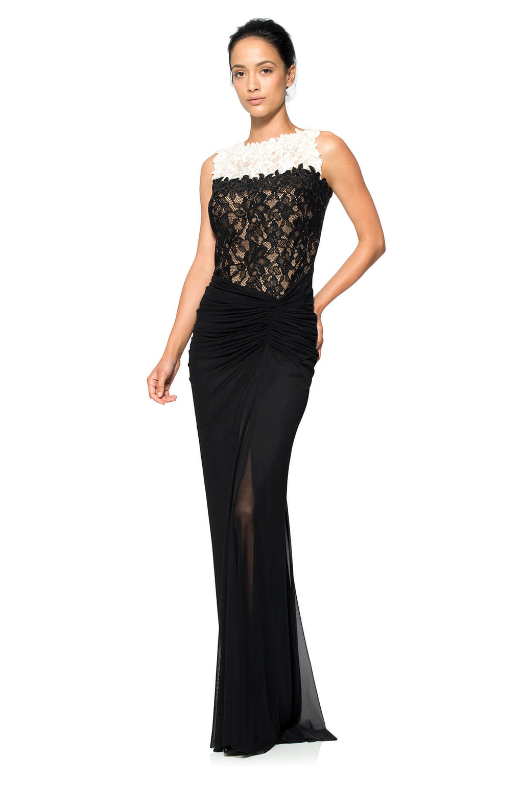 Lace and Draped Tulle Boatneck Gown