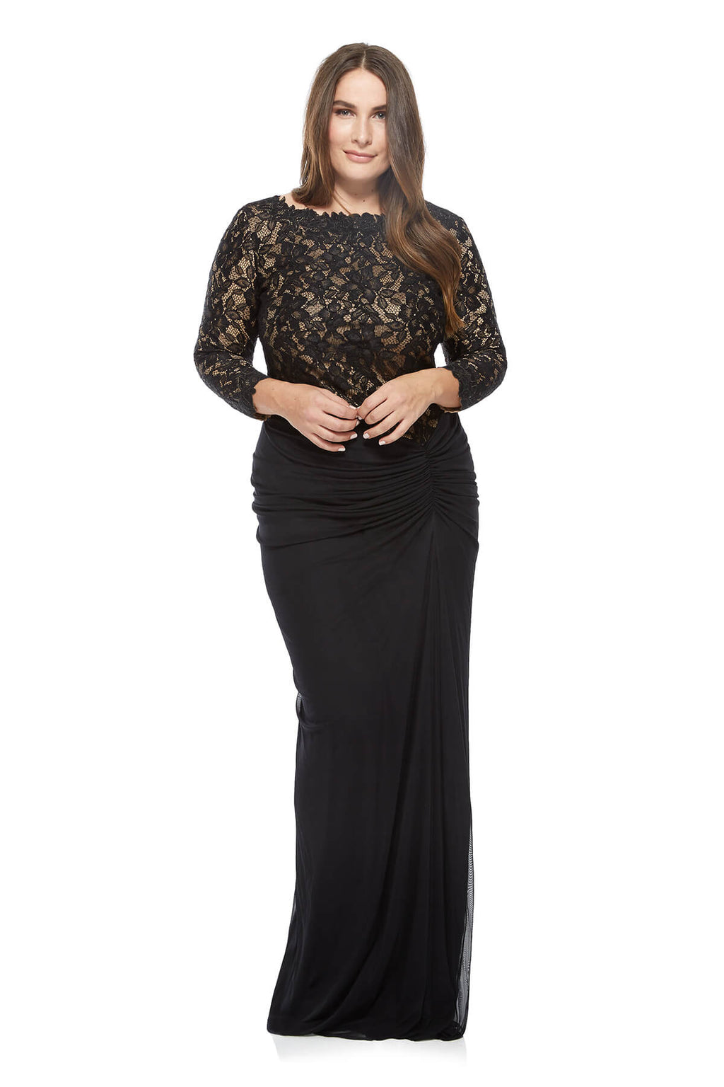 Tadashi Shoji Plus Size - Lace and Draped Tulle Boatneck Gown