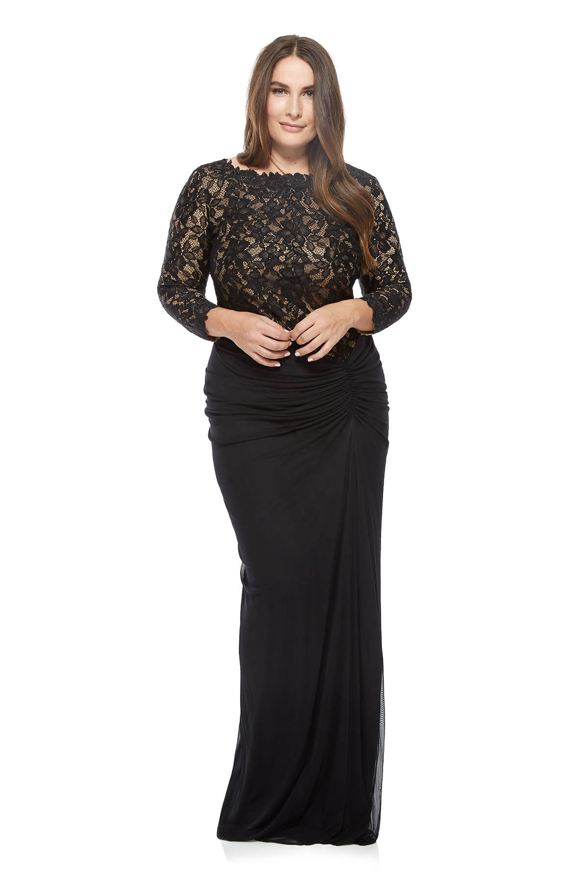 Tadashi Shoji Plus Size - Lace and Draped Tulle Boatneck Gown