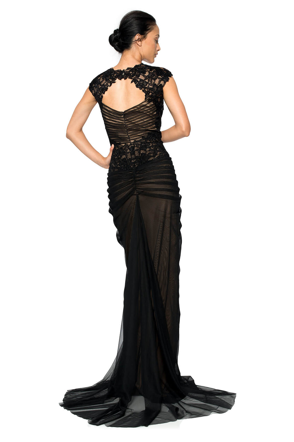 Hand-Beaded Lace and Draped Tulle Gown