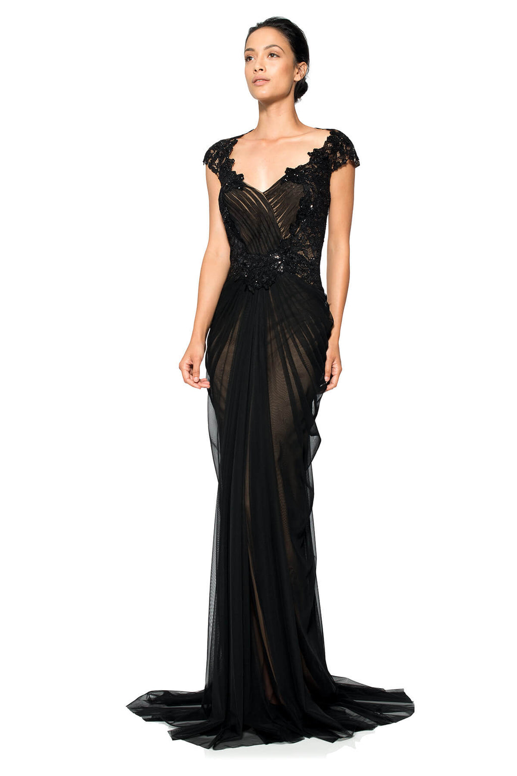 Hand-Beaded Lace and Draped Tulle Gown