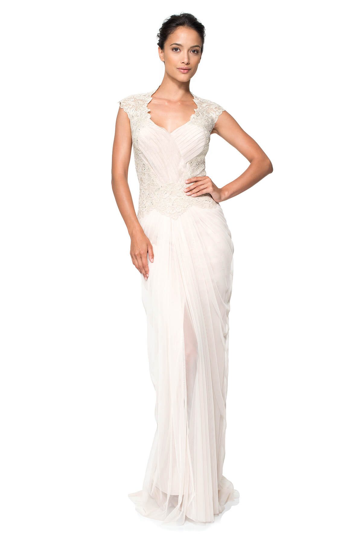 Hand-Beaded Lace and Draped Tulle Gown