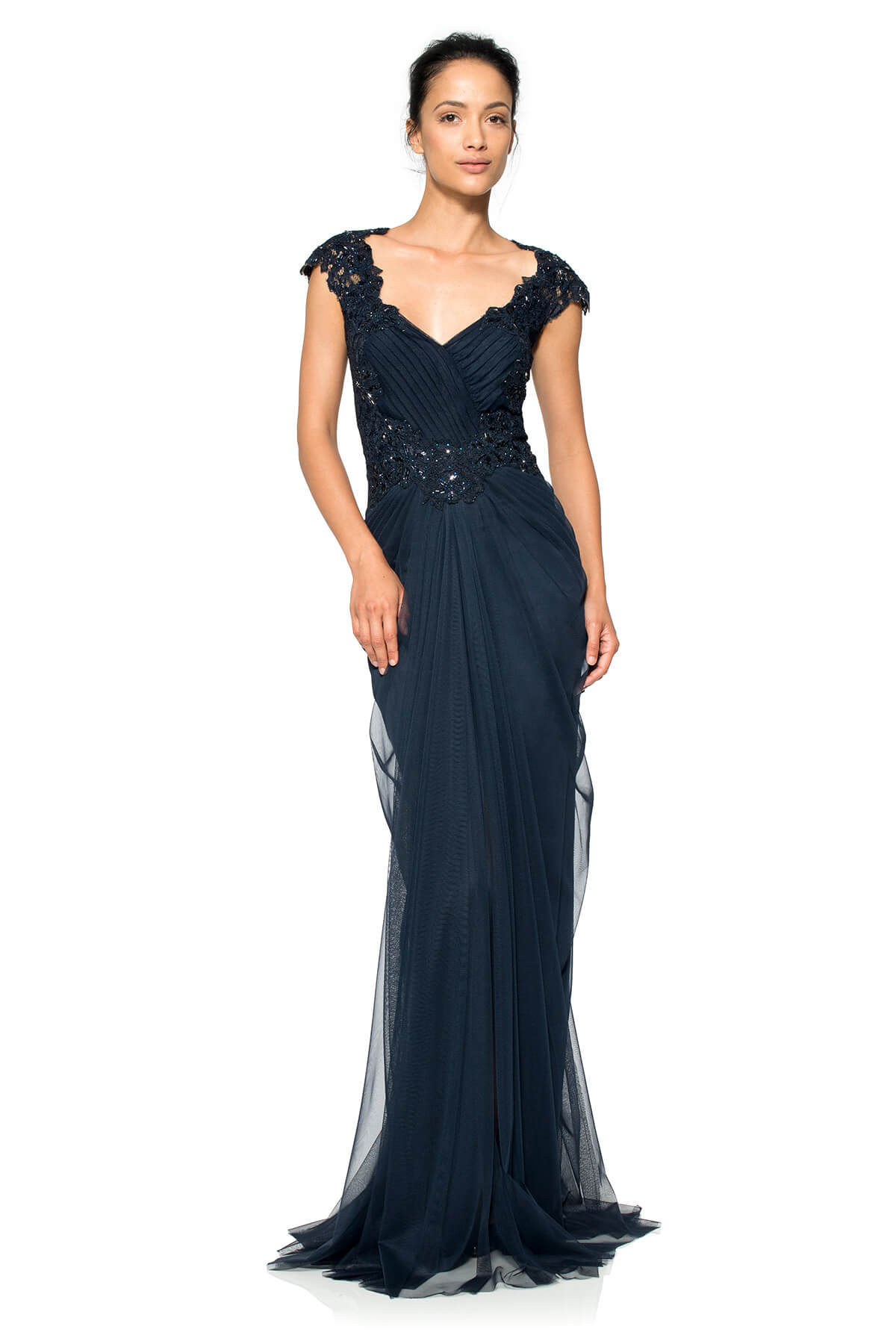 Hand-Beaded Lace and Draped Tulle Gown