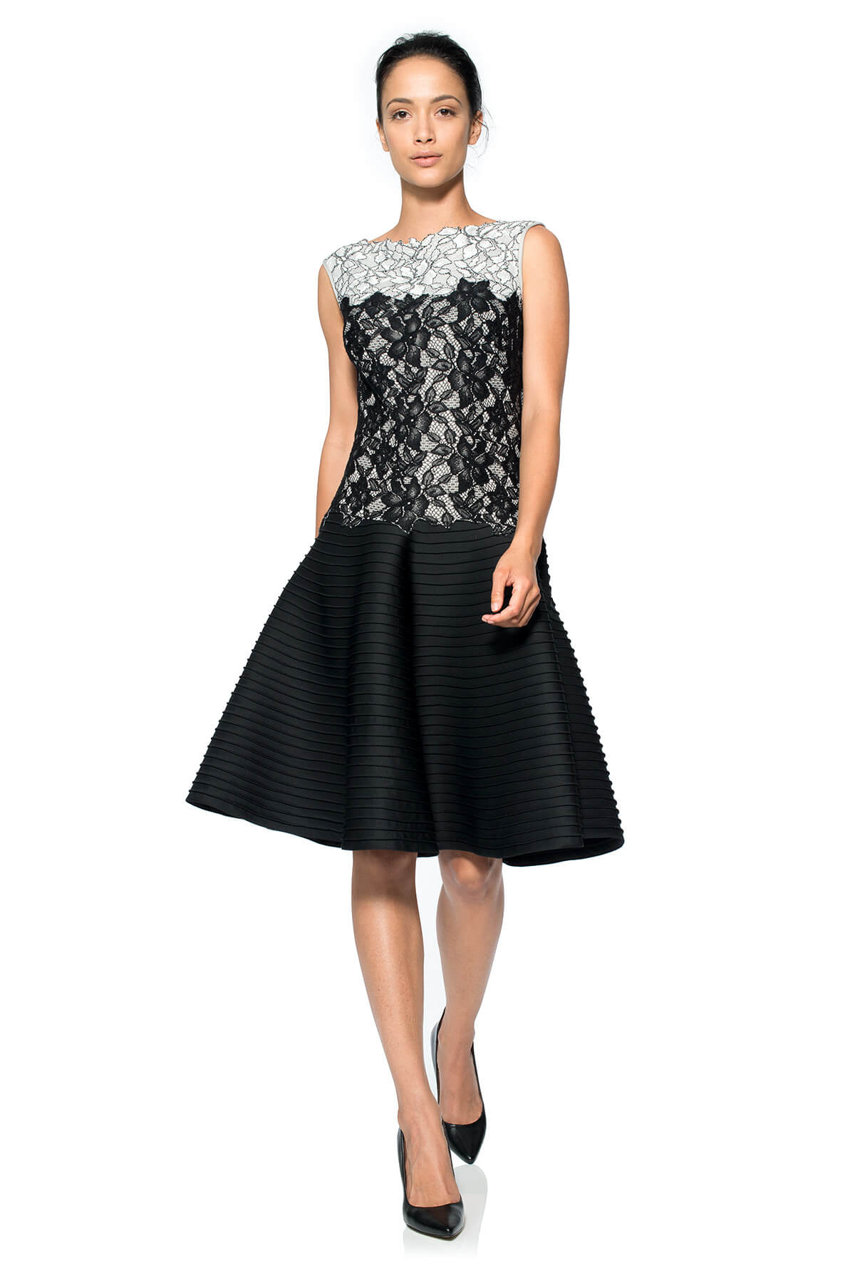 Pintuck Neoprene A-Line Dress with Lace Detail