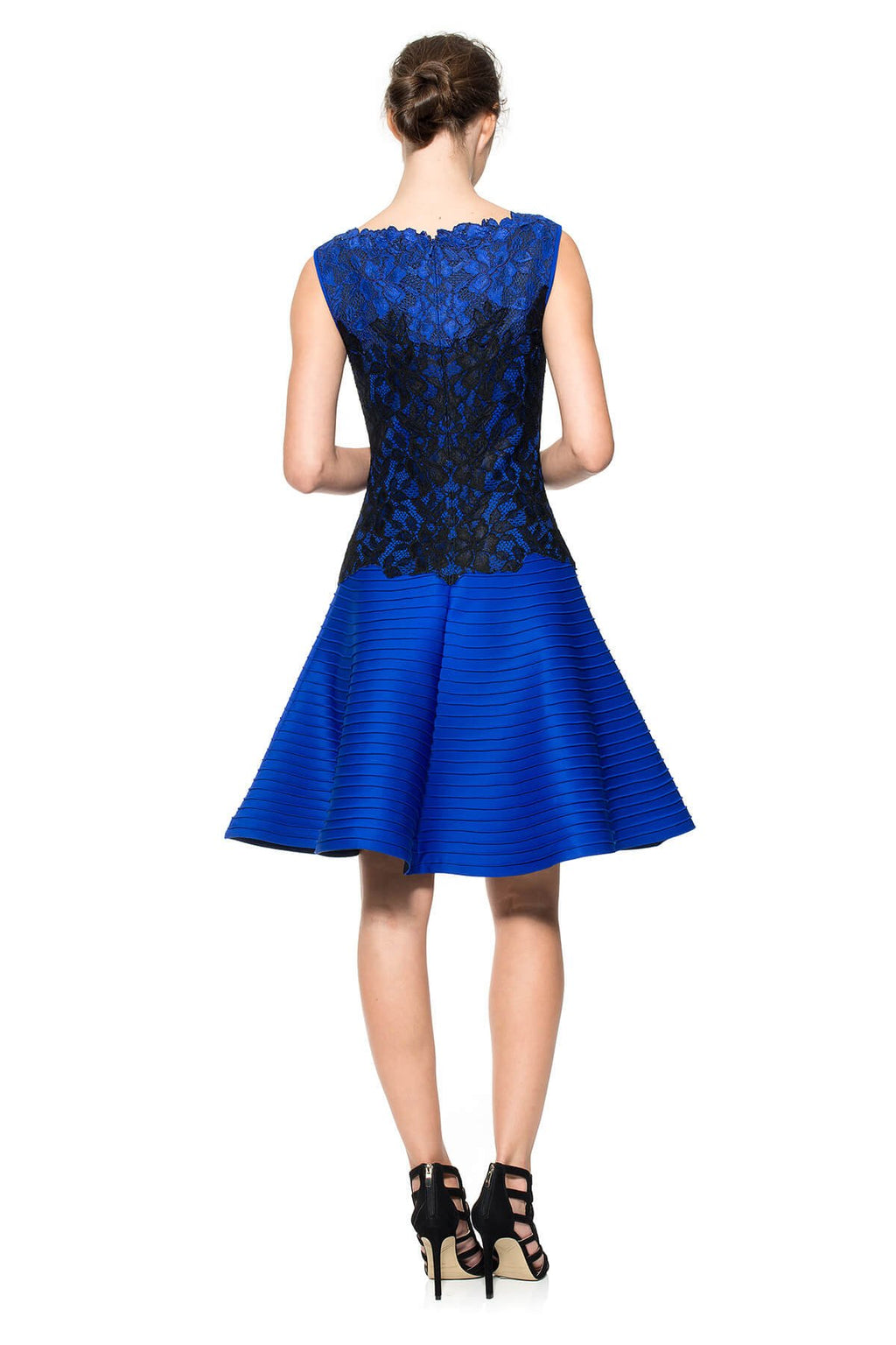 Pintuck Neoprene A-Line Dress with Lace Detail