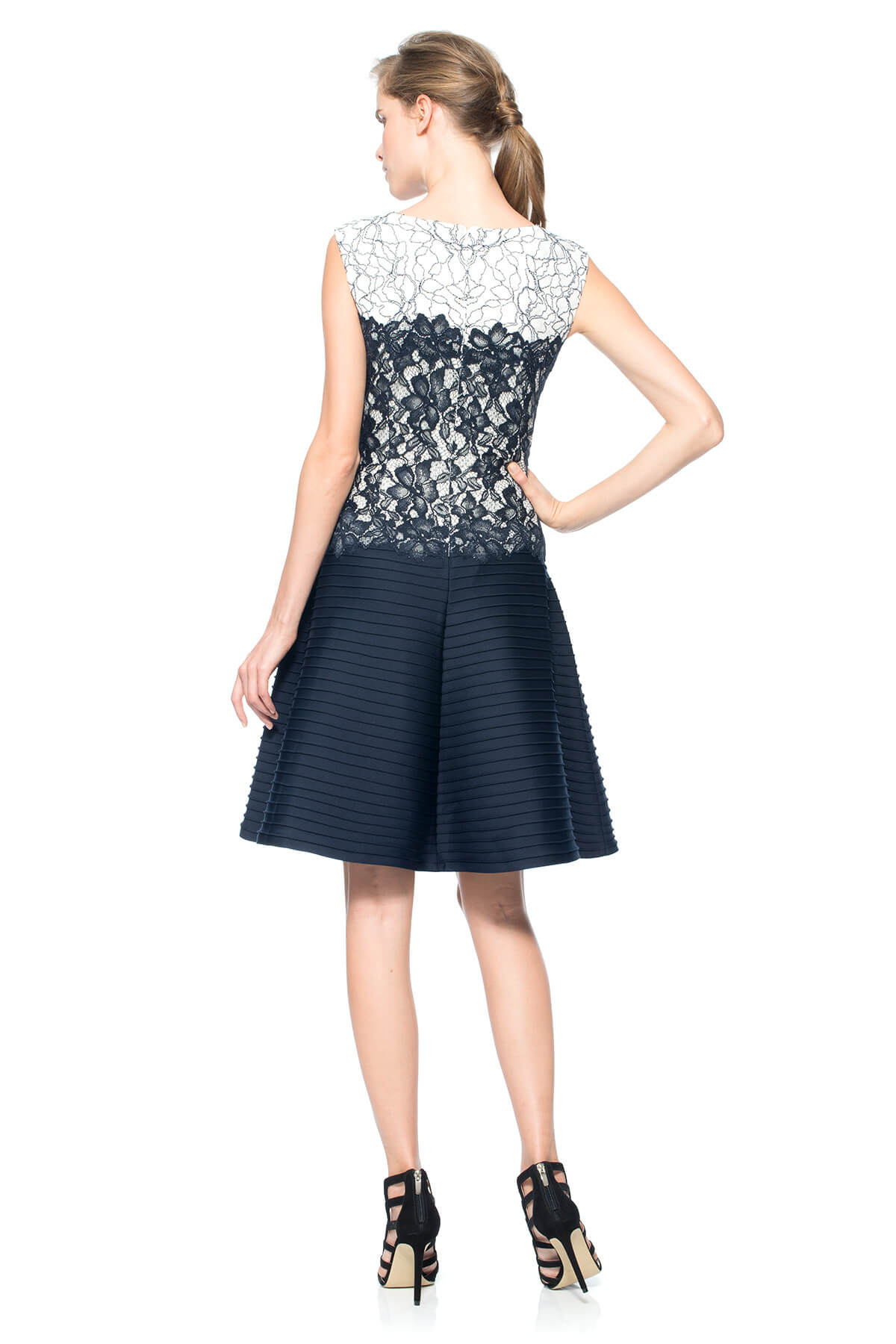 Pintuck Neoprene A-Line Dress with Lace Detail