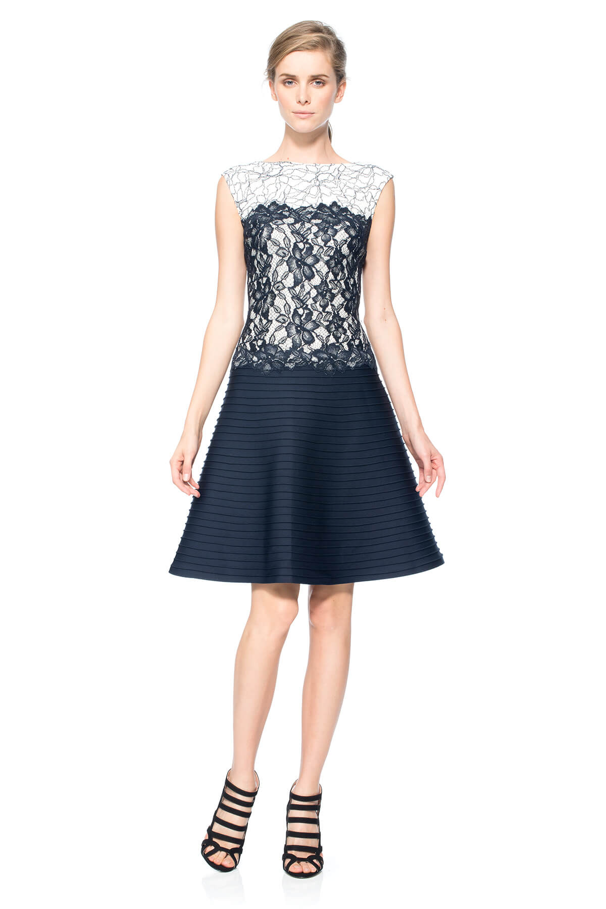 Pintuck Neoprene A-Line Dress with Lace Detail