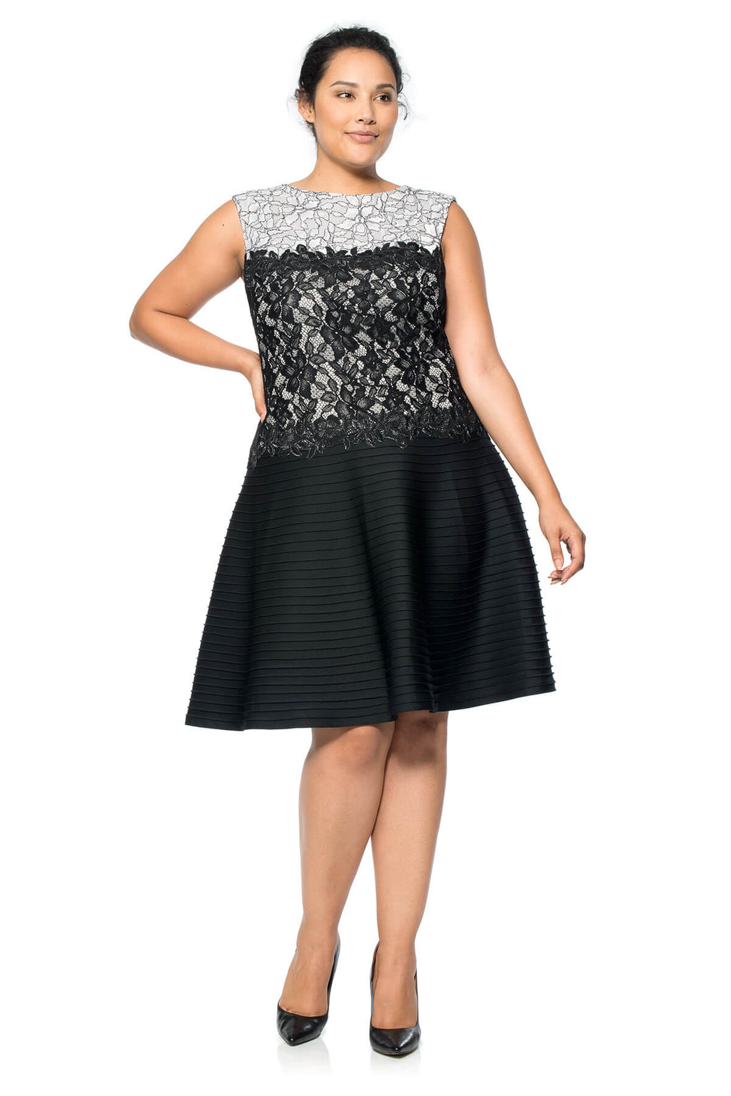 Pintuck Neoprene A-Line Dress with Lace Detail - PLUS SIZE