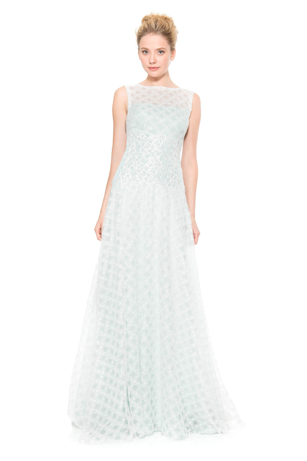 Lattice Tulle Gown with Hand Beaded Lace Applique