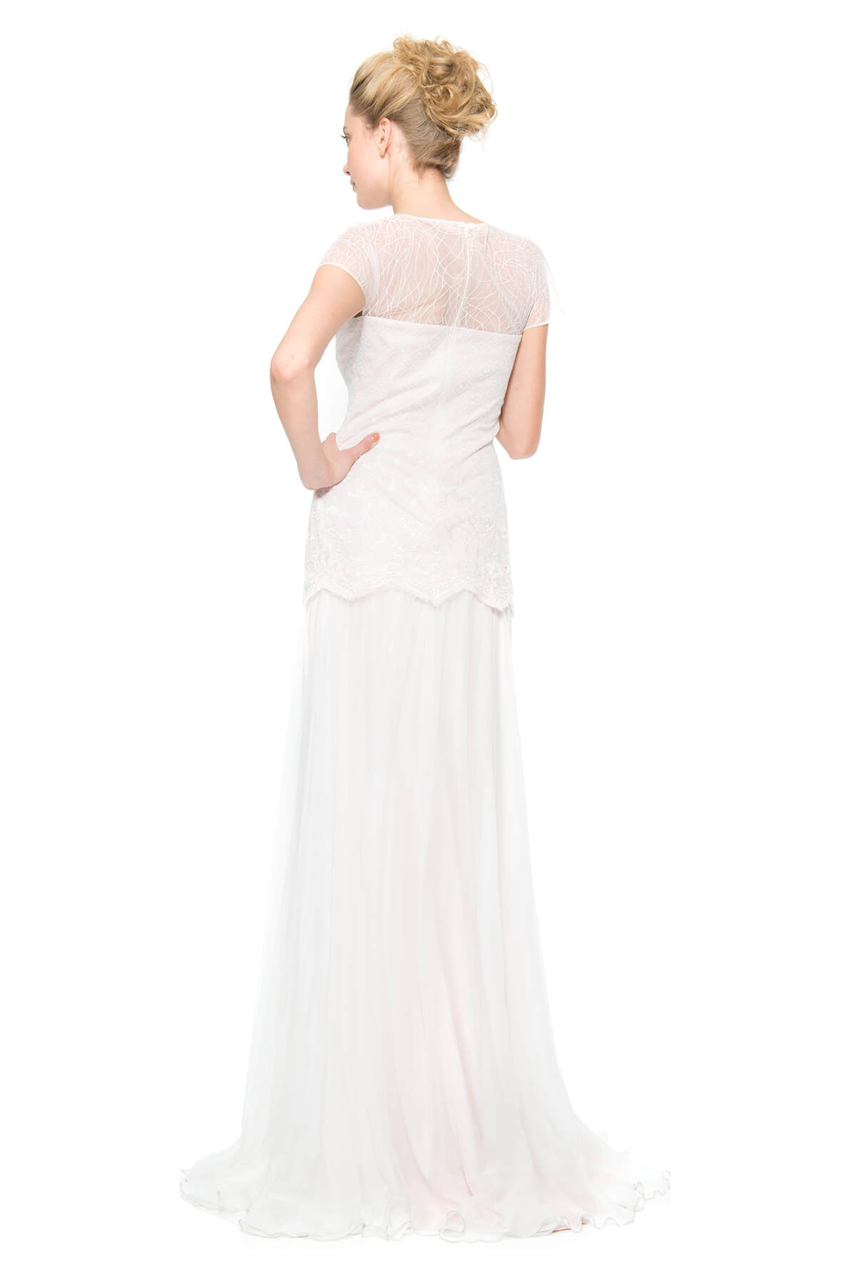 Embroidered Tulle and Chiffon Capelet Sleeve Gown