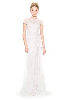 Embroidered Tulle and Chiffon Capelet Sleeve Gown