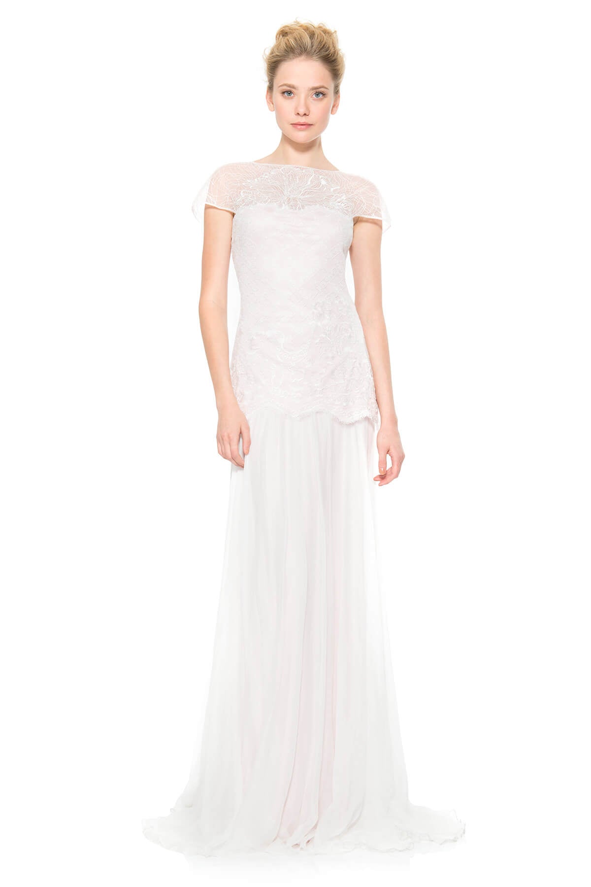 Embroidered Tulle and Chiffon Capelet Sleeve Gown