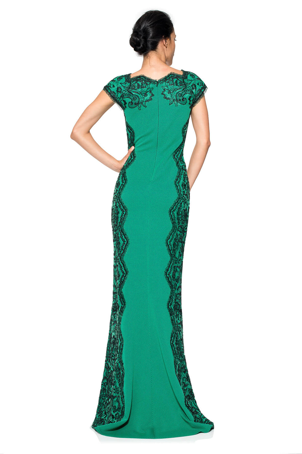 Perforated Neoprene and Lace Cap Sleeve Gown