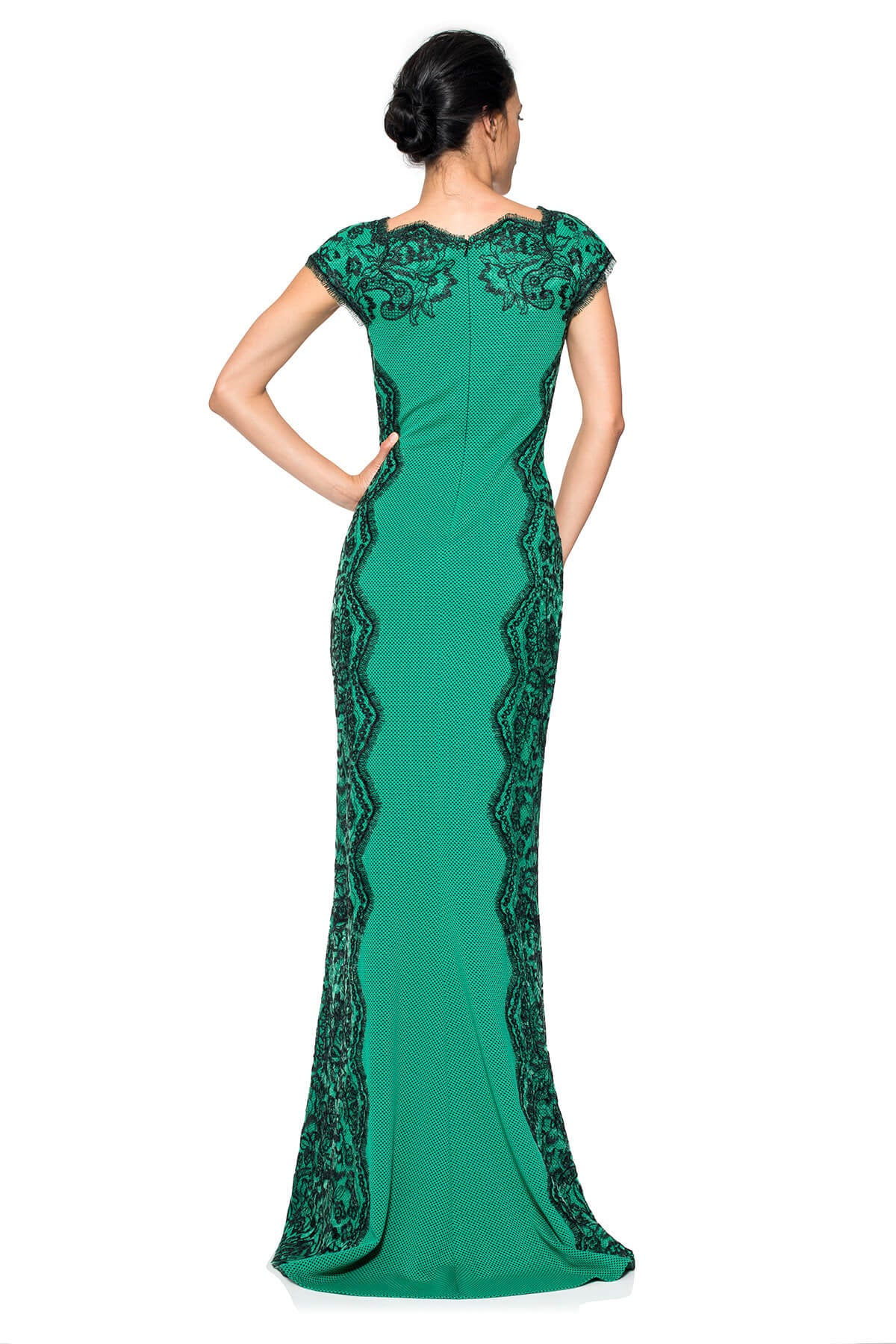 Perforated Neoprene and Lace Cap Sleeve Gown