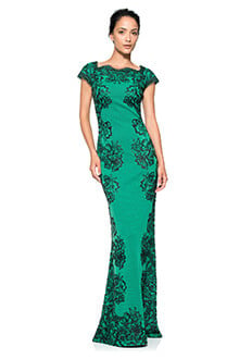 Perforated Neoprene and Lace Cap Sleeve Gown