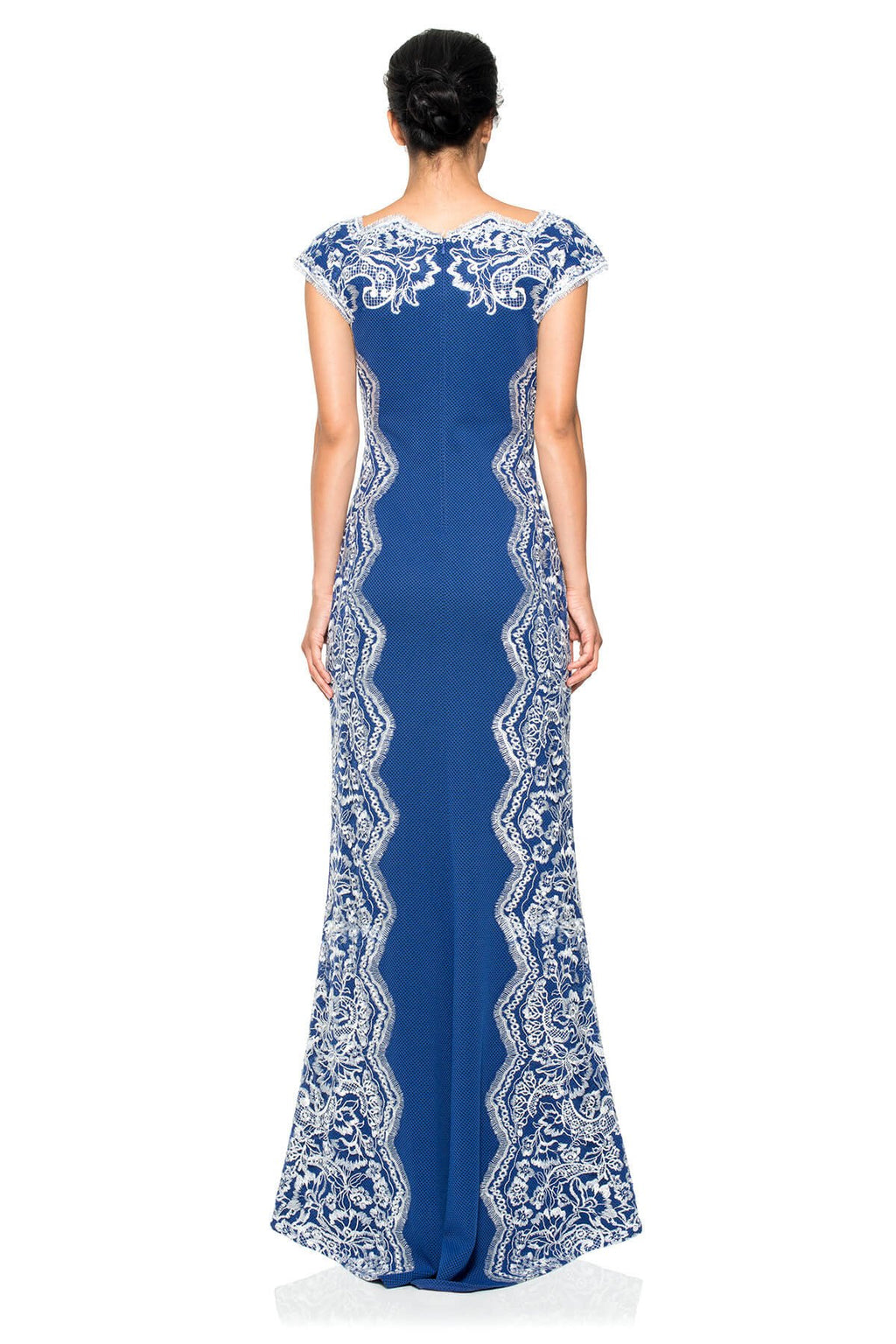 Perforated Neoprene and Lace Cap Sleeve Gown