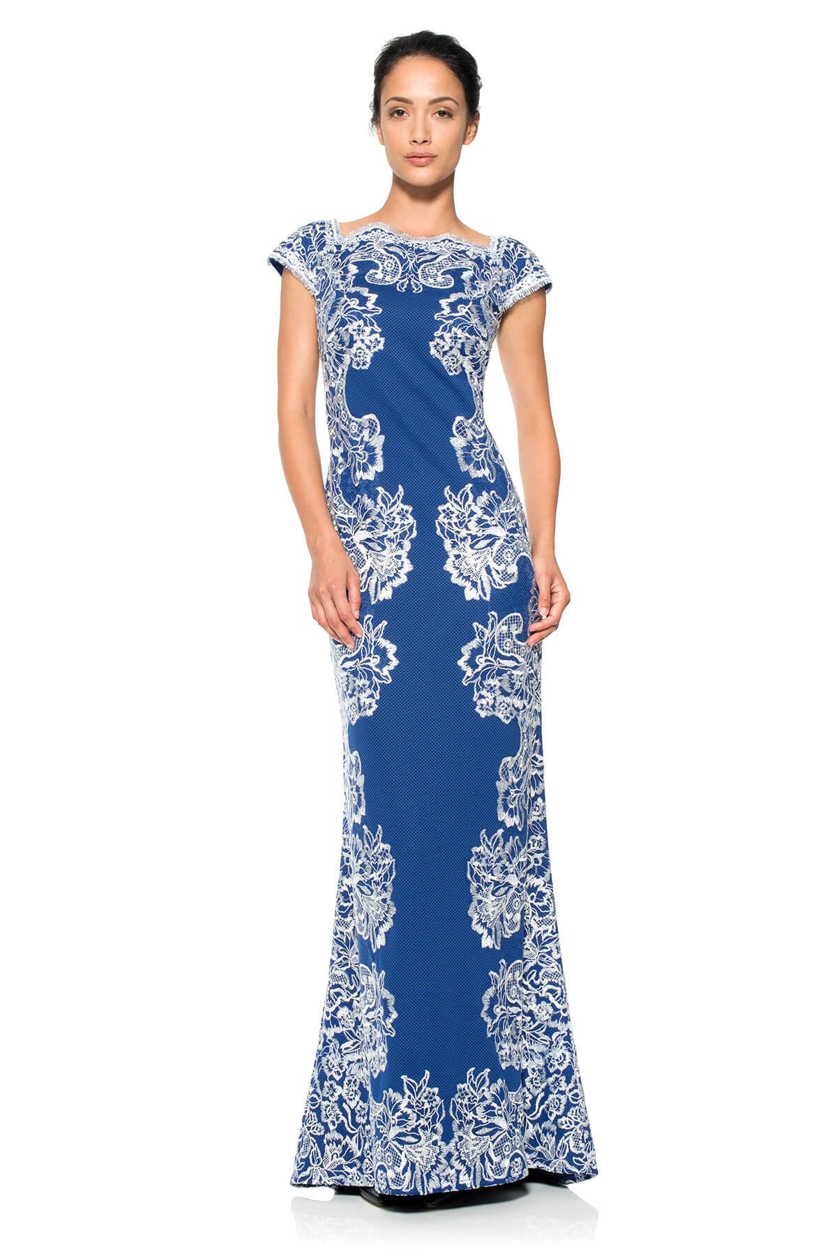 Perforated Neoprene and Lace Cap Sleeve Gown