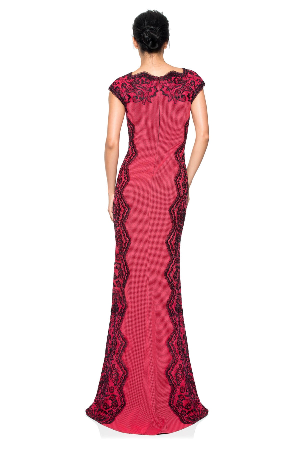 Perforated Neoprene and Lace Cap Sleeve Gown