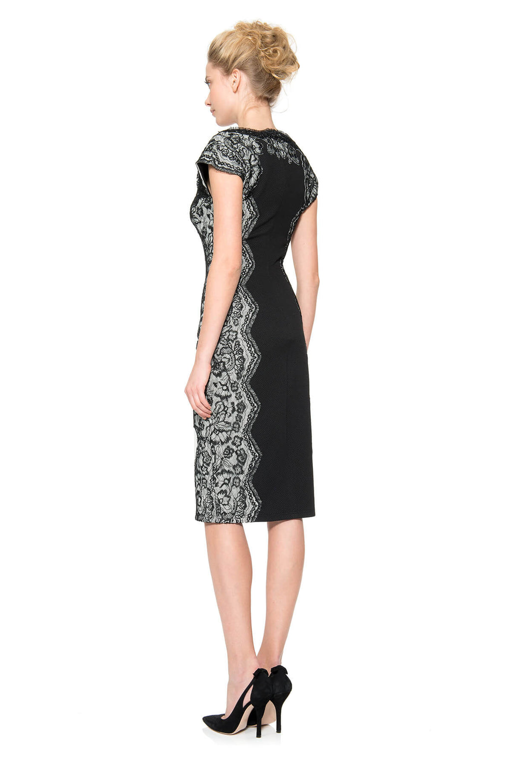 Contrast Lace Over Perforated Neoprene Cap Sleeve Dress