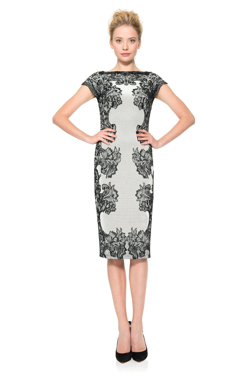 Contrast Lace Over Perforated Neoprene Cap Sleeve Dress