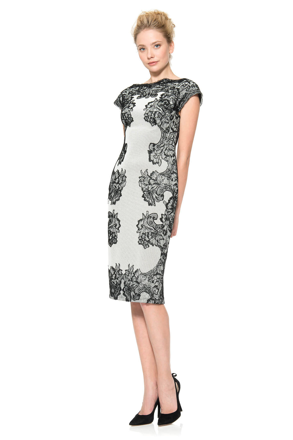 Contrast Lace Over Perforated Neoprene Cap Sleeve Dress