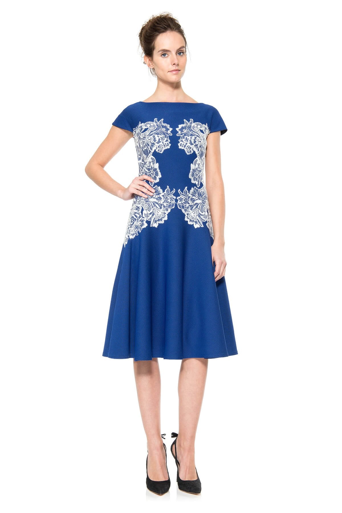 Perforated Neoprene Dress with Contrast Lace Bodice