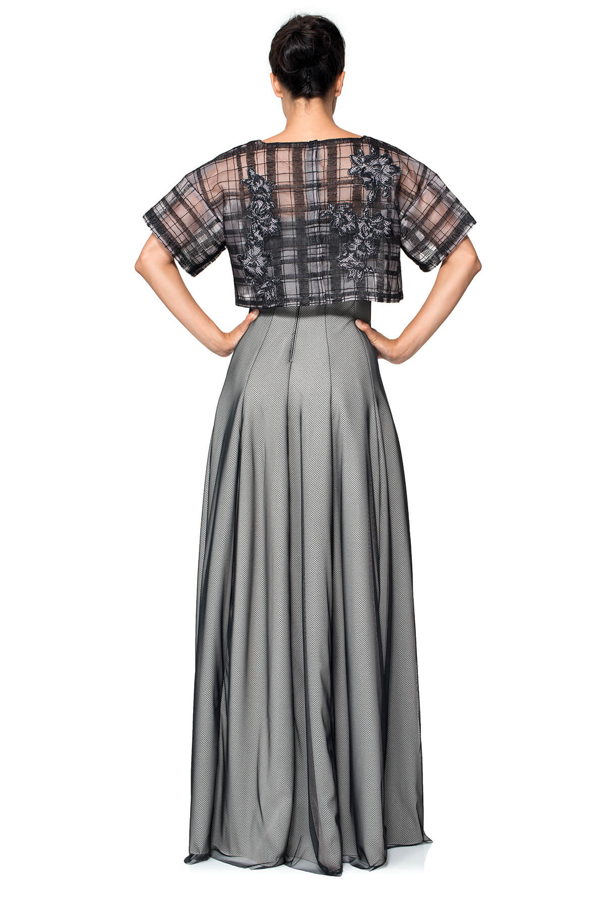 Embroidered Tulle Crop Top with Perforated Neoprene & Organza Strapless Gown