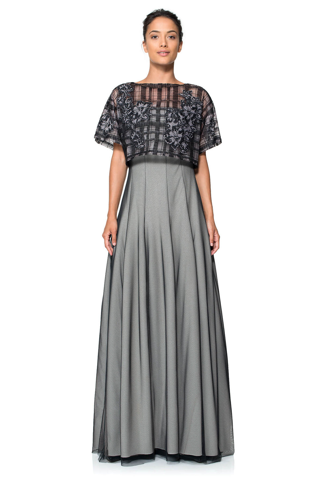 Embroidered Tulle Crop Top with Perforated Neoprene & Organza Strapless Gown