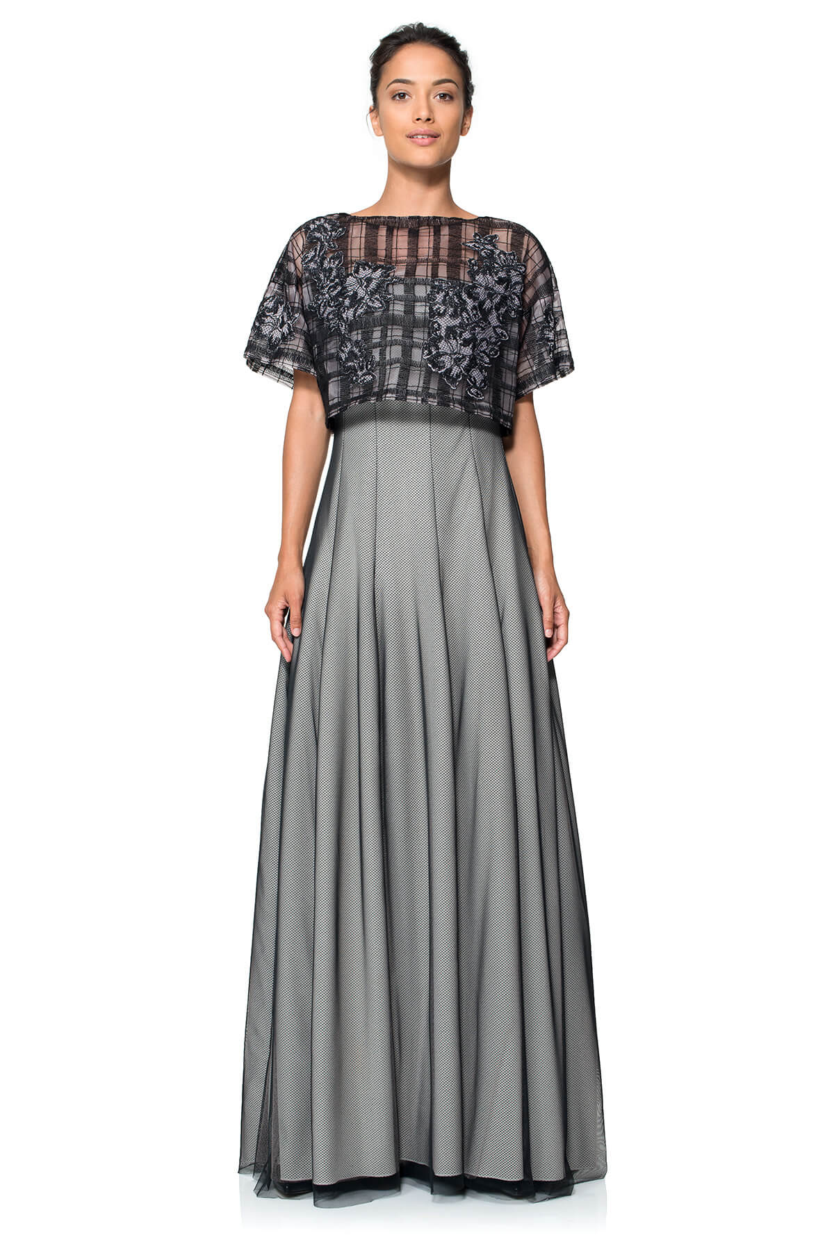 Embroidered Tulle Crop Top with Perforated Neoprene & Organza Strapless Gown
