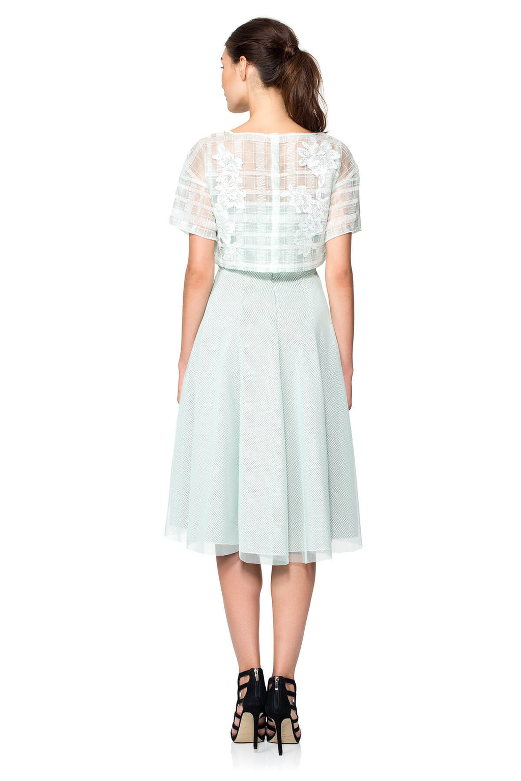 Embroidered Tulle Crop Top with Perforated Neoprene & Organza Strapless Dress