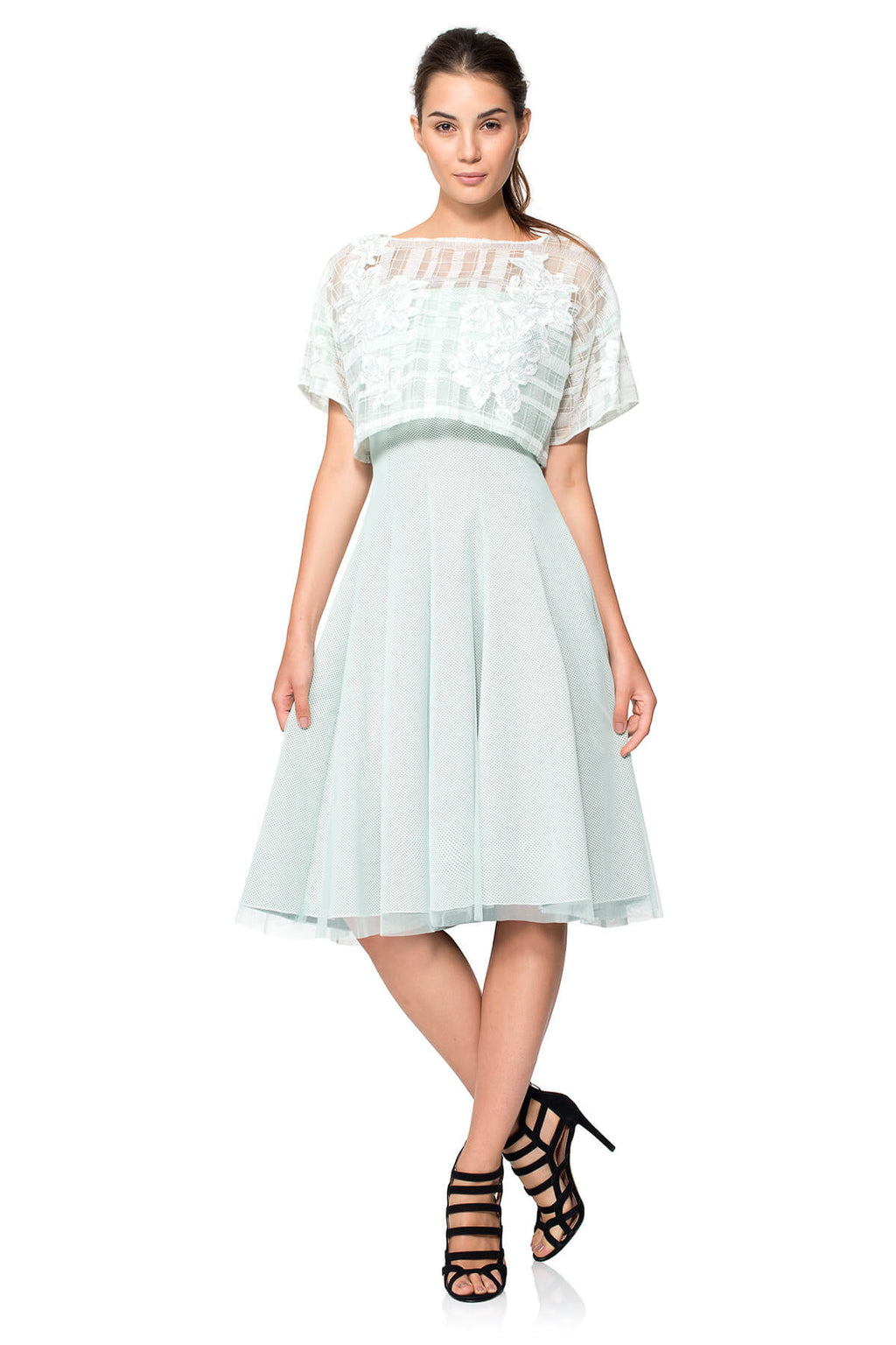Embroidered Tulle Crop Top with Perforated Neoprene & Organza Strapless Dress