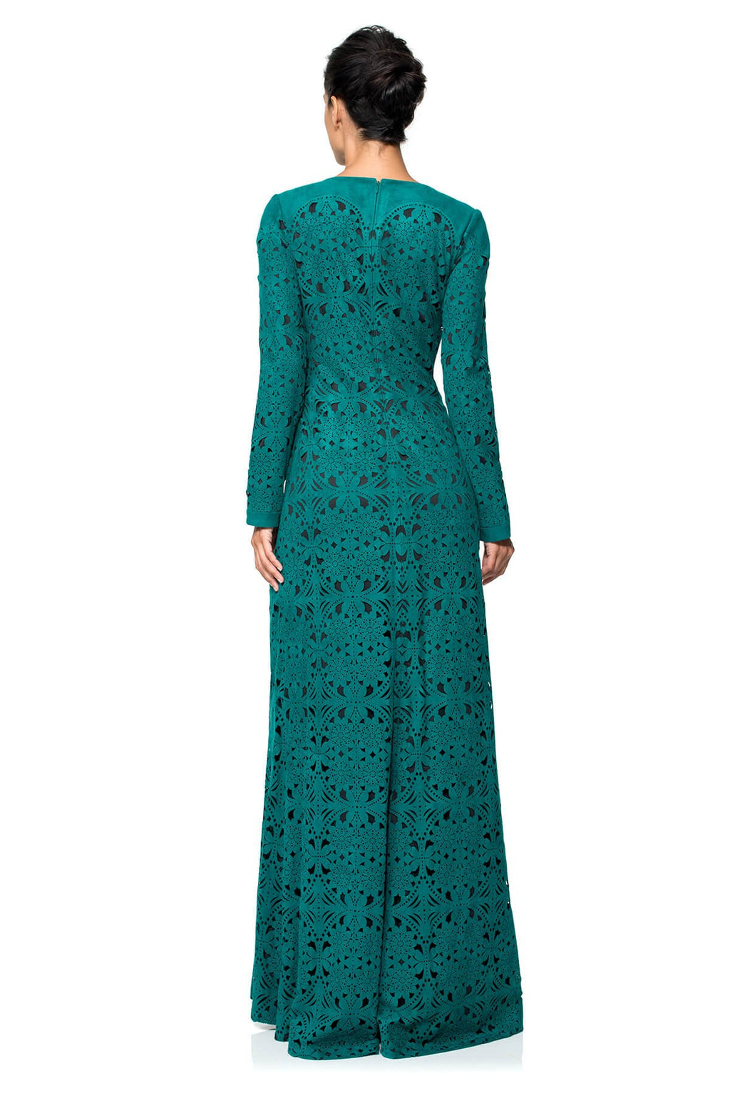 Laser Cut Micro Suede Long Sleeve Gown