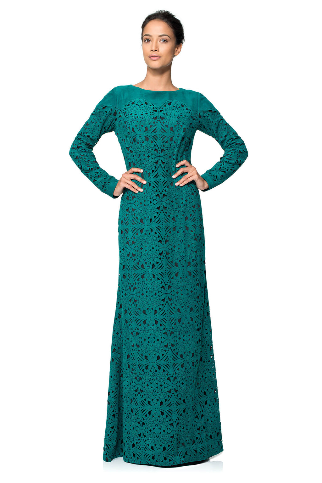 Laser Cut Micro Suede Long Sleeve Gown