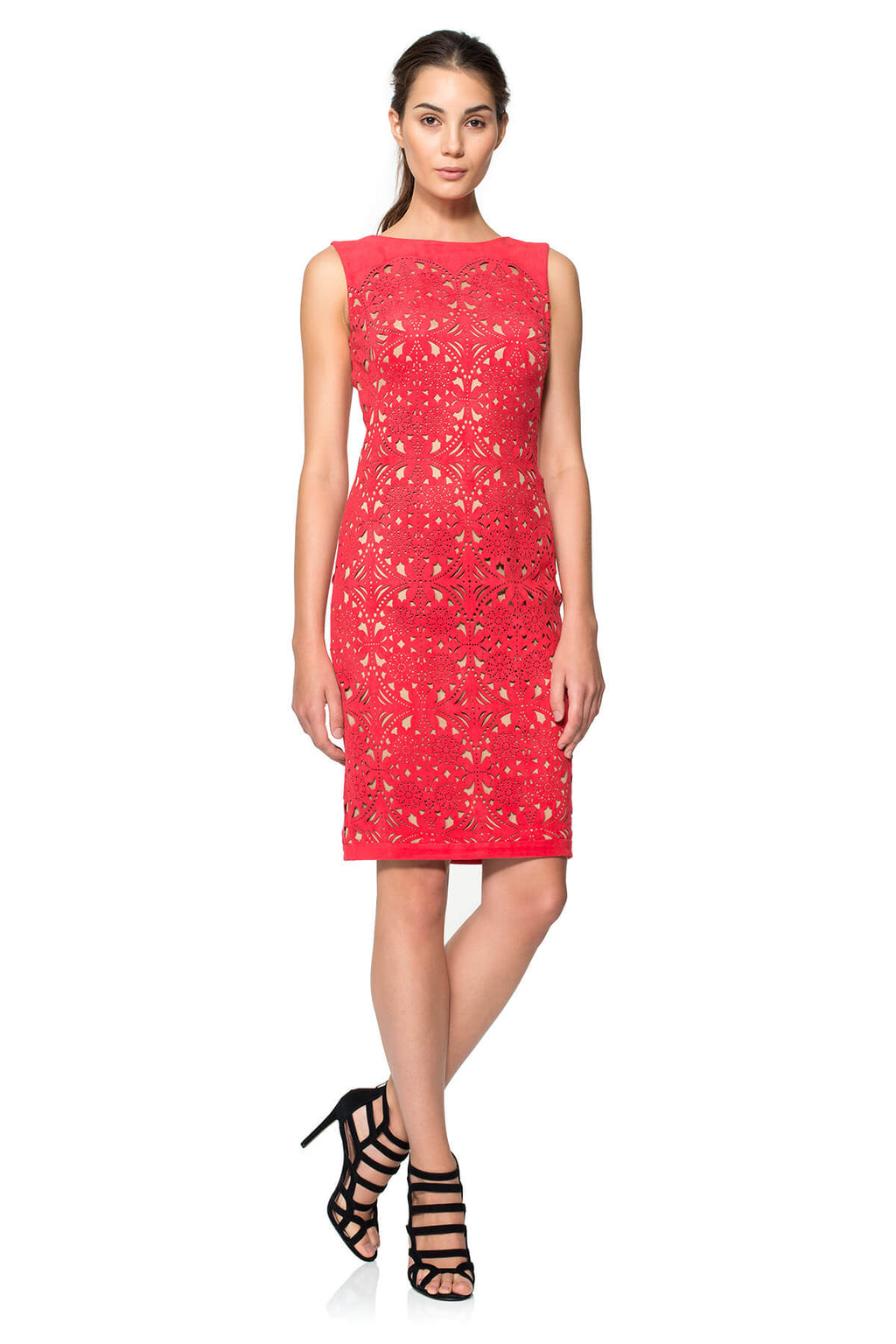 Laser Cut Micro Suede Sheath Dress