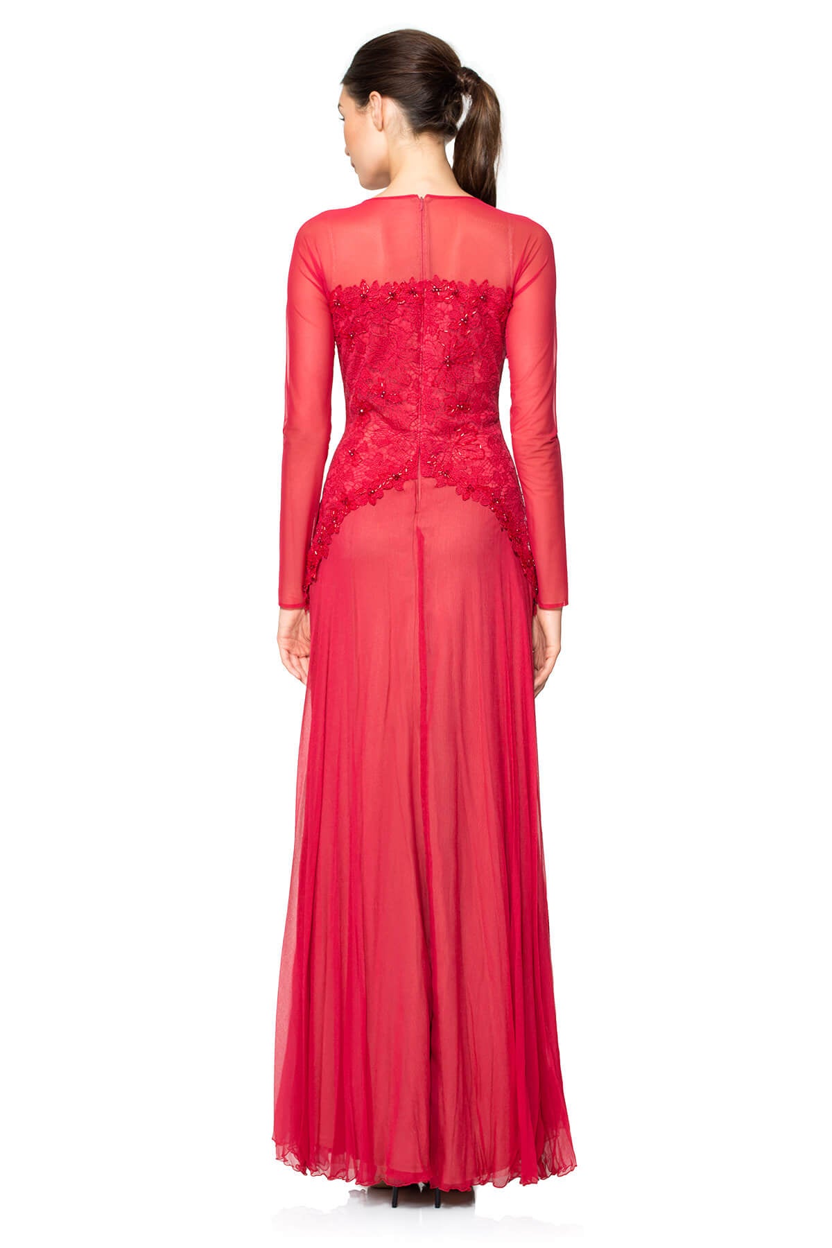 Beaded Lace and Chiffon Long Sleeve Gown