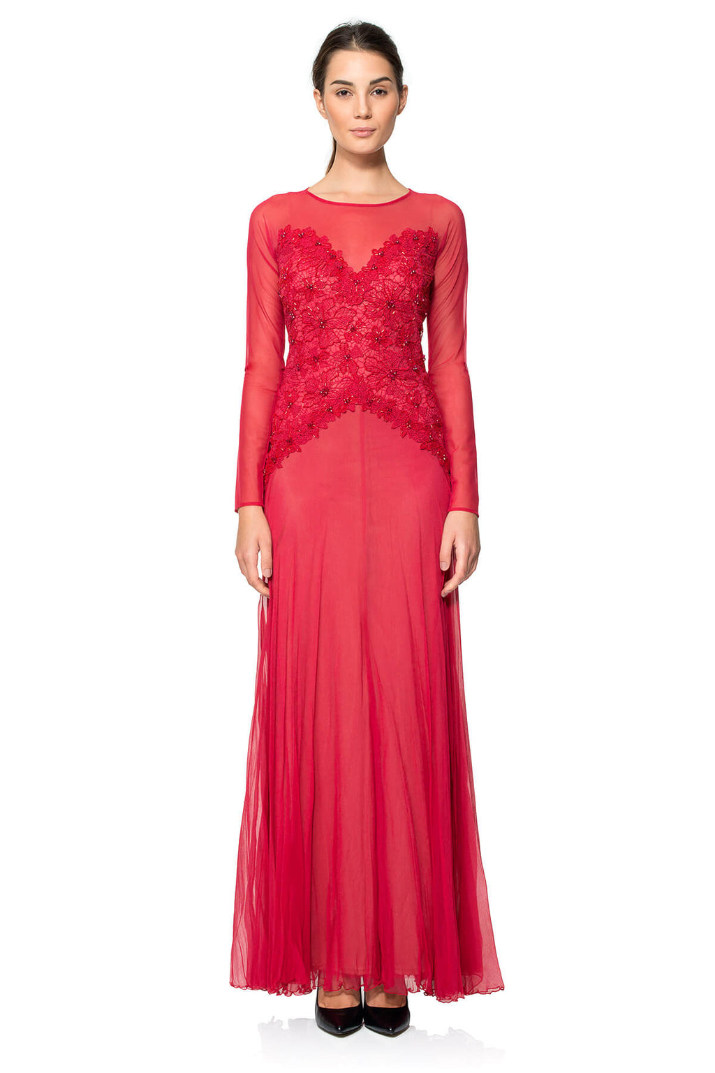 Beaded Lace and Chiffon Long Sleeve Gown