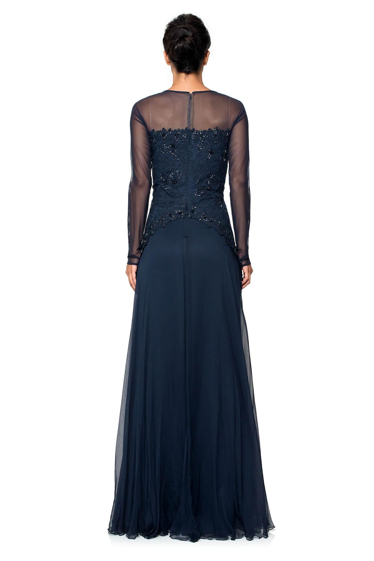 Beaded Lace and Chiffon Long Sleeve Gown