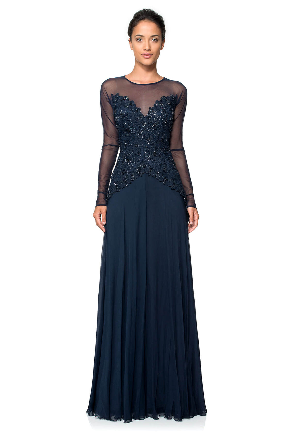 Beaded Lace and Chiffon Long Sleeve Gown