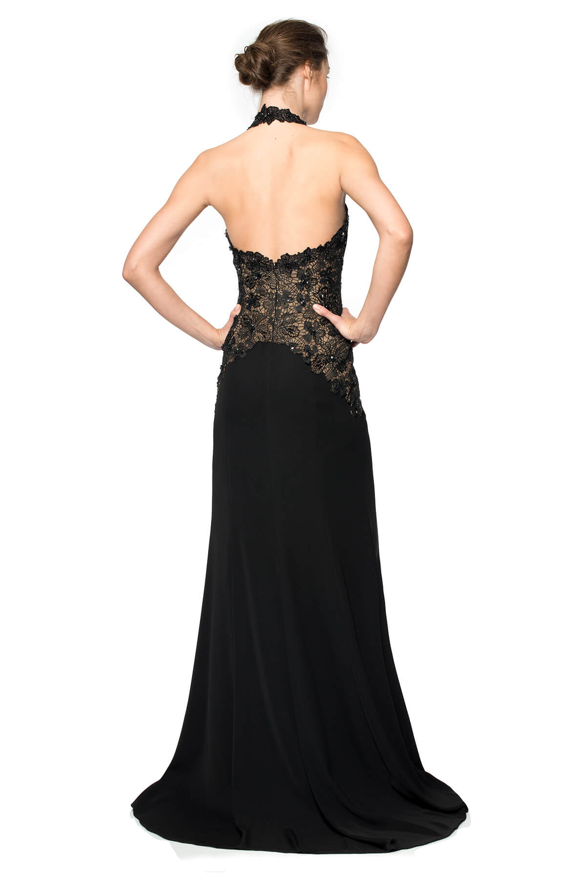 Hand-Beaded Lace Bodice Halter Gown