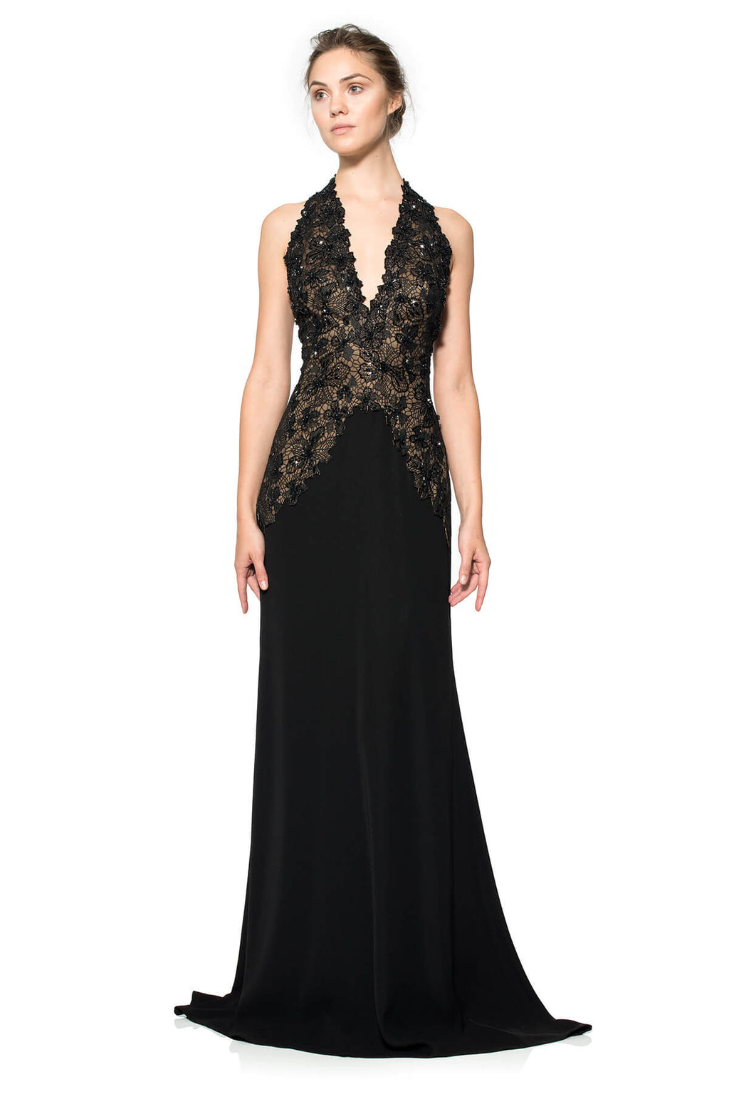 Hand-Beaded Lace Bodice Halter Gown