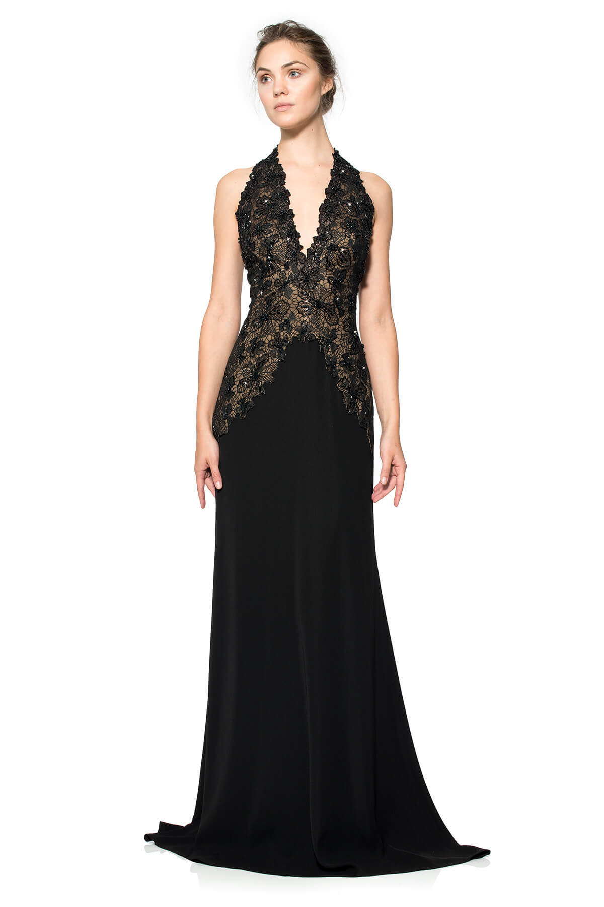 Hand-Beaded Lace Bodice Halter Gown
