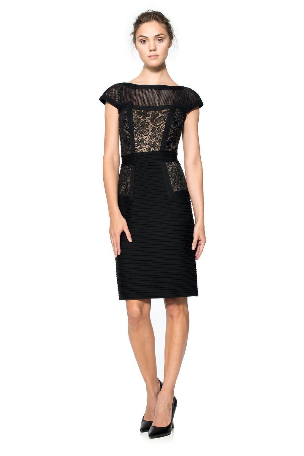Lace and Pintucked Jersey Paneled Dress
