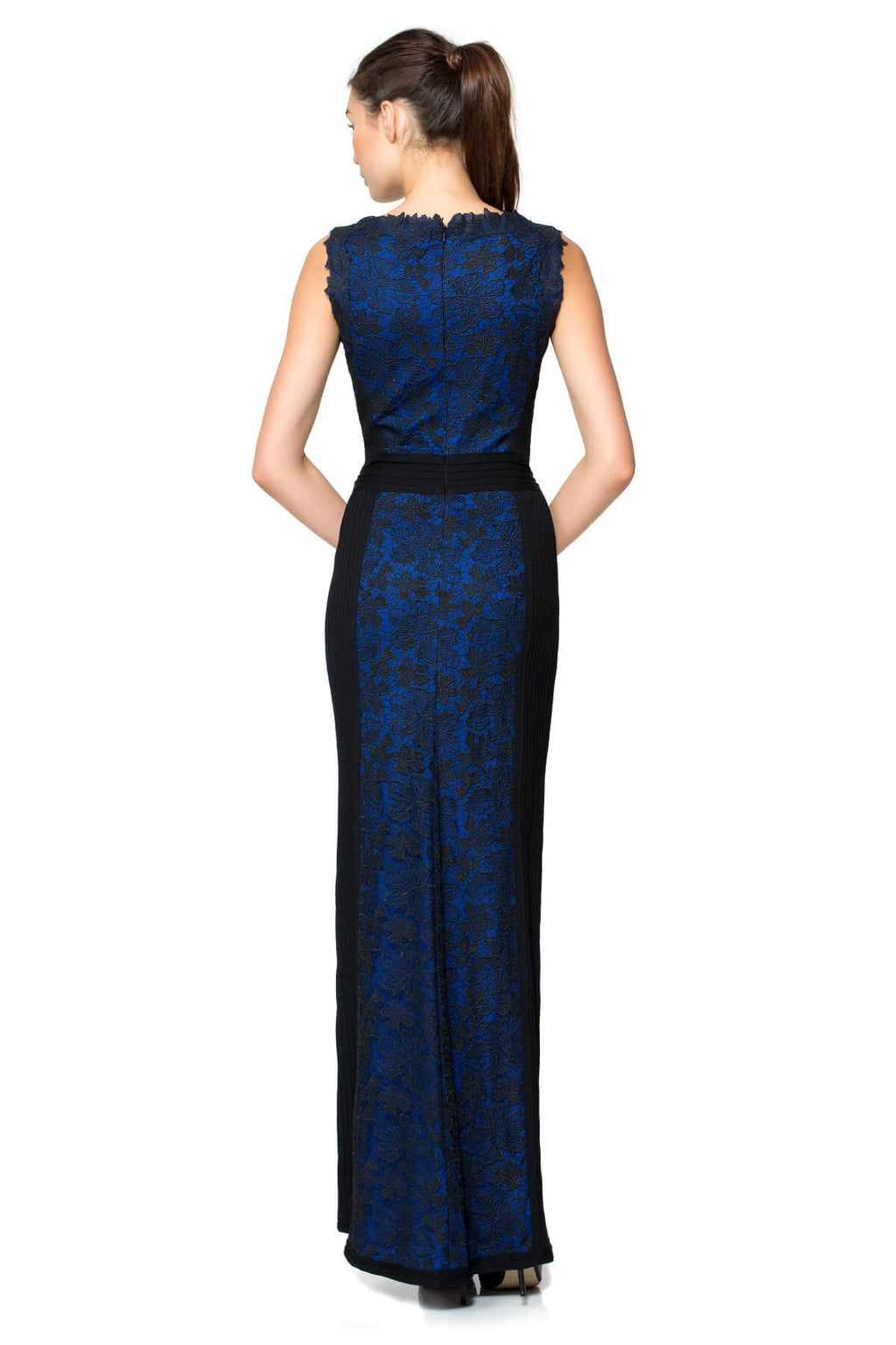 Embroidered Lace and Pintuck Jersey Illusion Neckline Gown