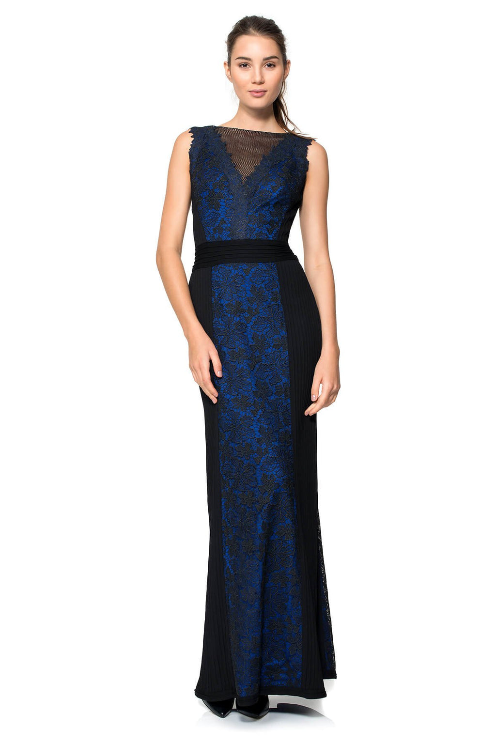 Embroidered Lace and Pintuck Jersey Illusion Neckline Gown