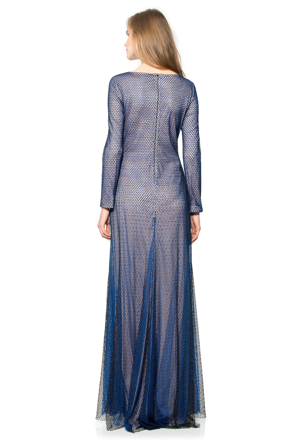 Diamante Embellished Tulle Long Sleeve Gown