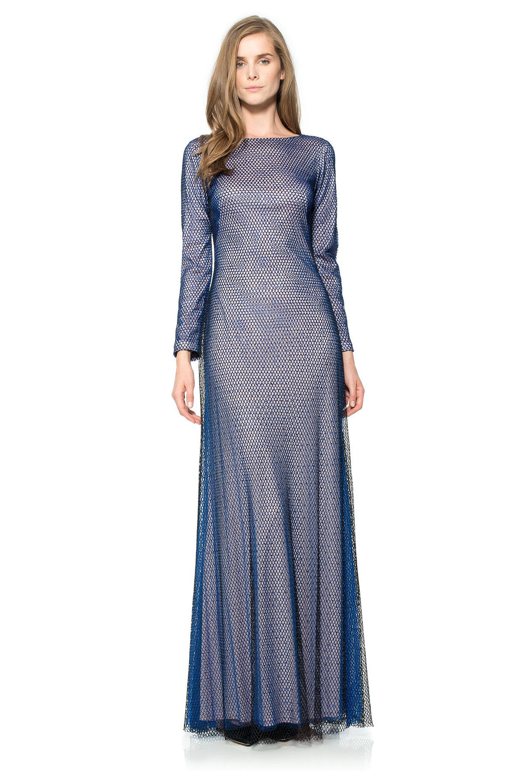 Diamante Embellished Tulle Long Sleeve Gown