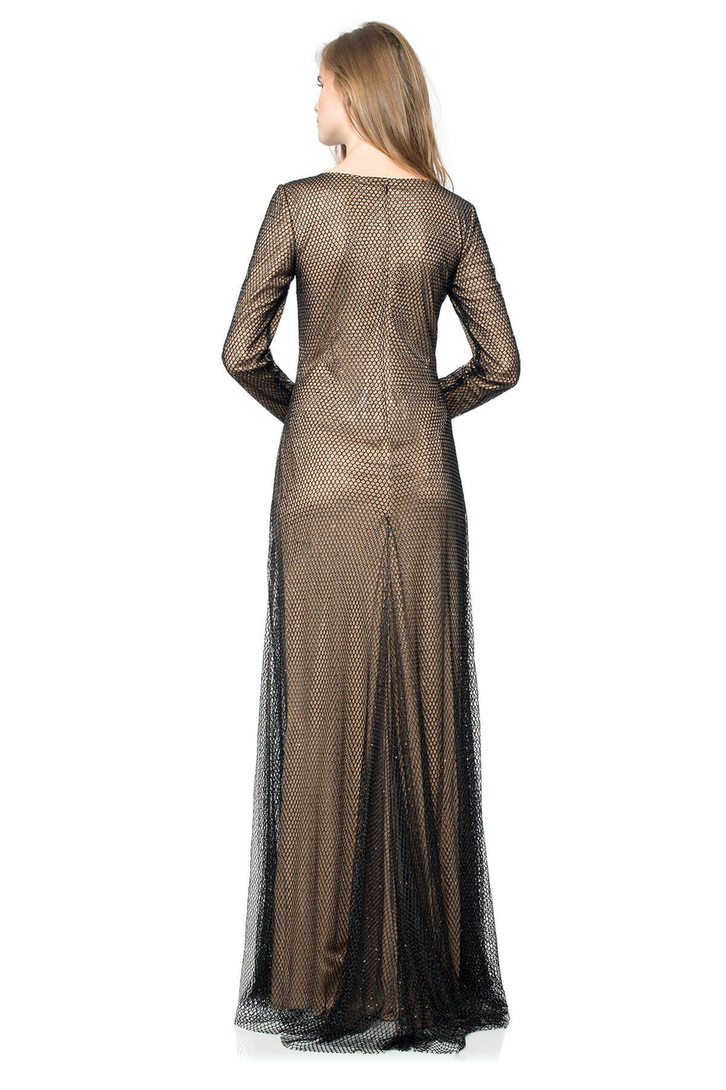 Diamante Embellished Tulle Long Sleeve Gown