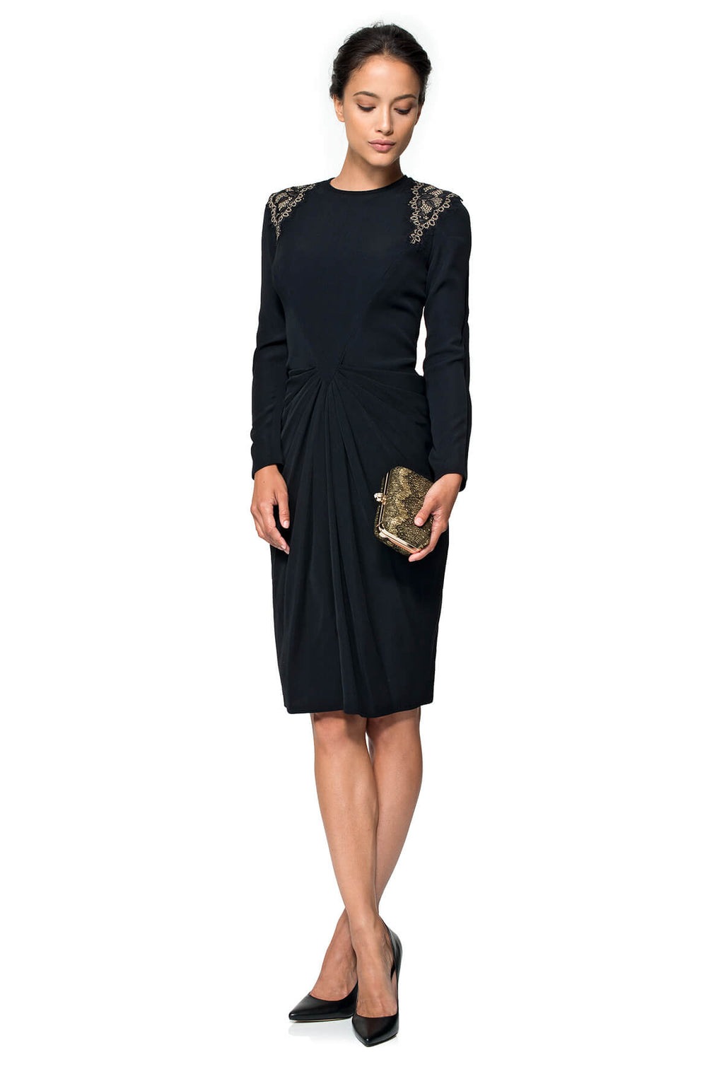 Crepe Long Sleeve Dress with Shoulder Lace Insets