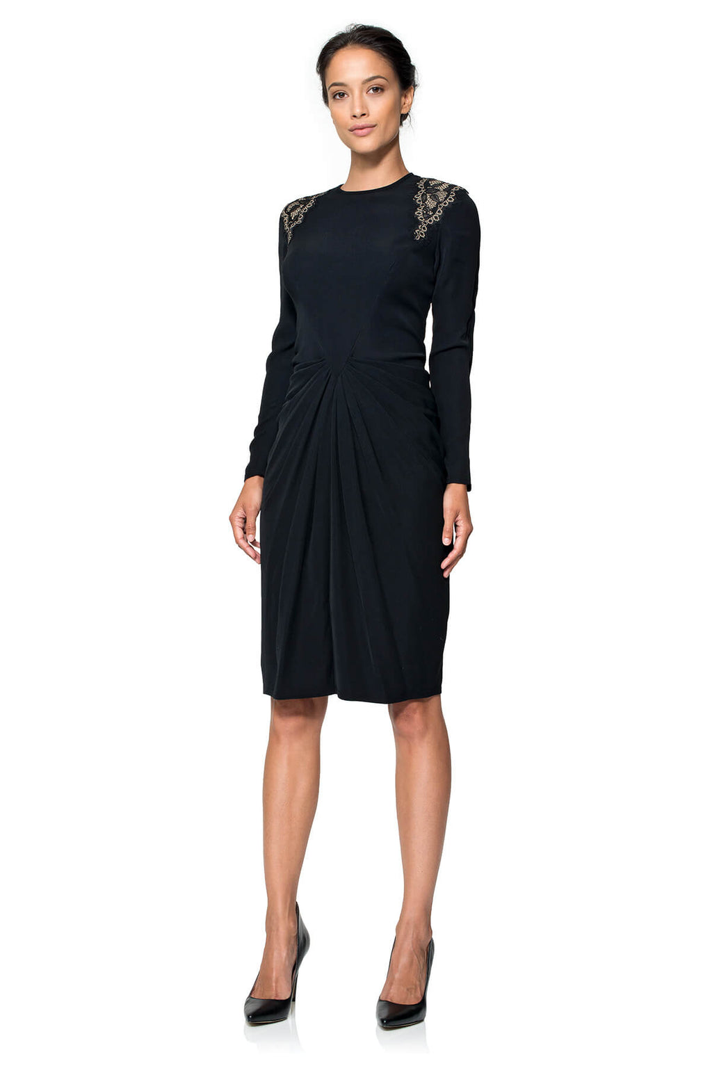 Crepe Long Sleeve Dress with Shoulder Lace Insets