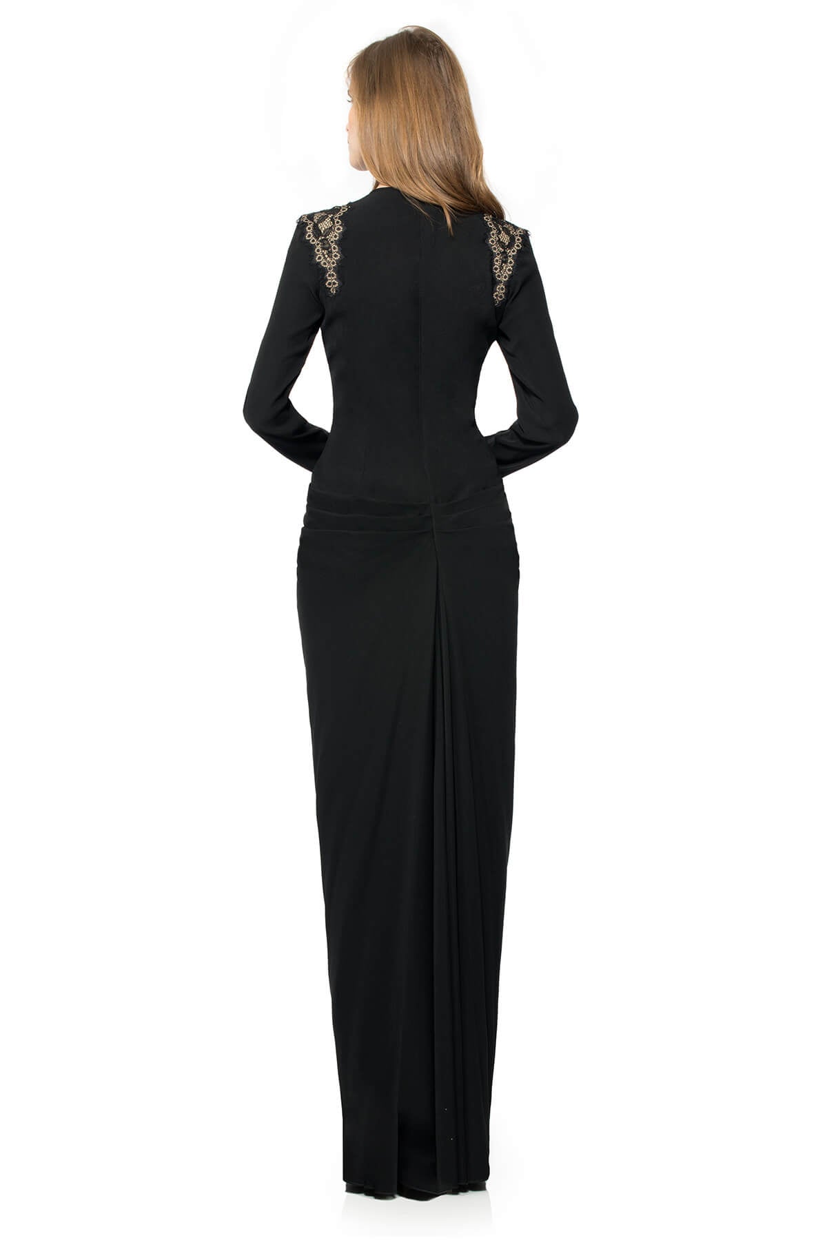 Crepe Long Sleeve Gown with Shoulder Lace Insets